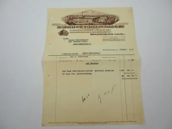 Original Rechnung Richter & Rohrlapper Lederwaren Brandenburg Havel 1935