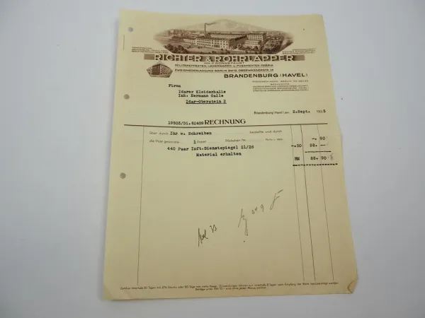 Original Rechnung Richter & Rohrlapper Lederwaren Brandenburg Havel 9/1935