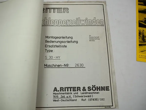 Original Ritter S66 S30 Seilwinde f. Schlepper Betriebsanleitung Ersatzteilliste