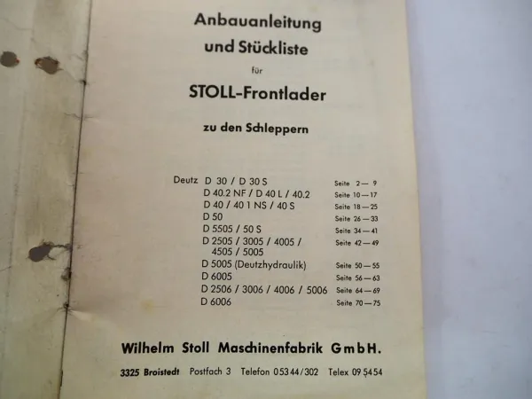 Original Stoll Frontlader Anbauanleitung Ersatzteilliste für Deutz Schlepper 1969