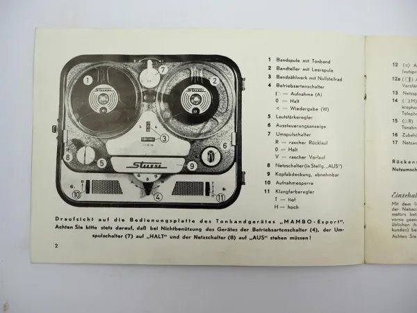 Original Stuzzi Mambo Export 368W Tonbandgerät Betriebsanleitung 1950er Jahre