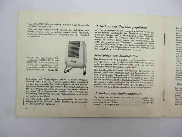 Original Stuzzi Mambo Export 368W Tonbandgerät Betriebsanleitung 1950er Jahre