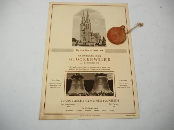 Original Urkunde und Medaille Glockenweihe Gemeinde Flonheim Worms 1948