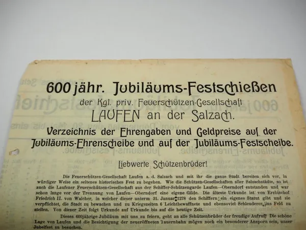 Original Verzeichnis Festschießen Schieß Programm Laufen a. Salzach Bayern 1909