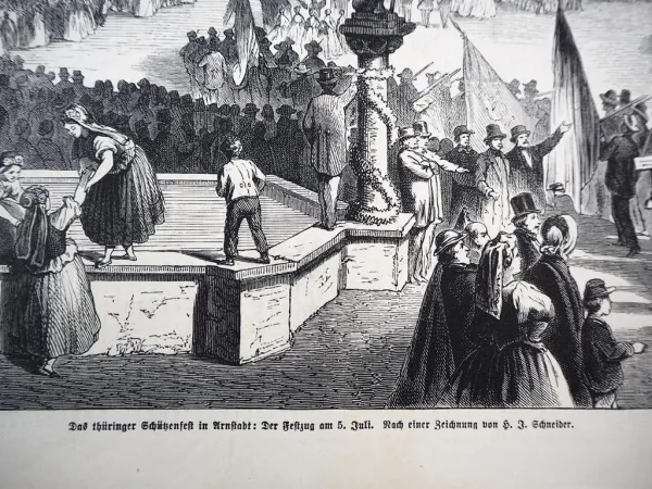 Original Zeitungsblatt Das thüringer Schützenfest in Arnstadt 1863