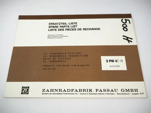 Original ZF 3 PW 45 H Hydromedia Gertriebe Ersatzteilliste Hyster Gabelstapler 88