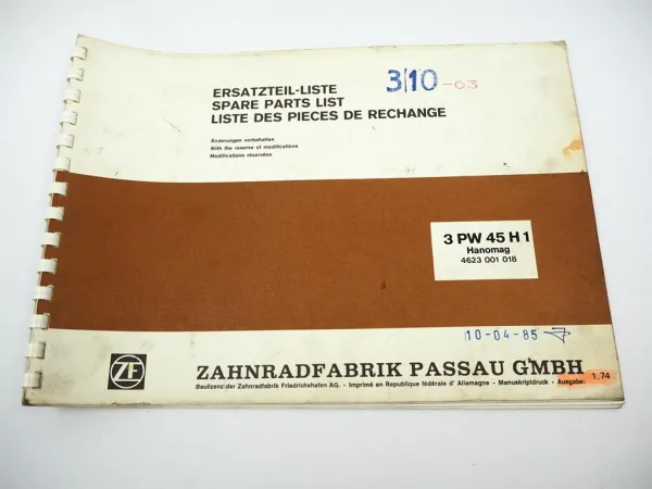 Original ZF 3 PW 45 H1 Getriebe Ersatzteilliste Hanomag Schlepper 01/1974