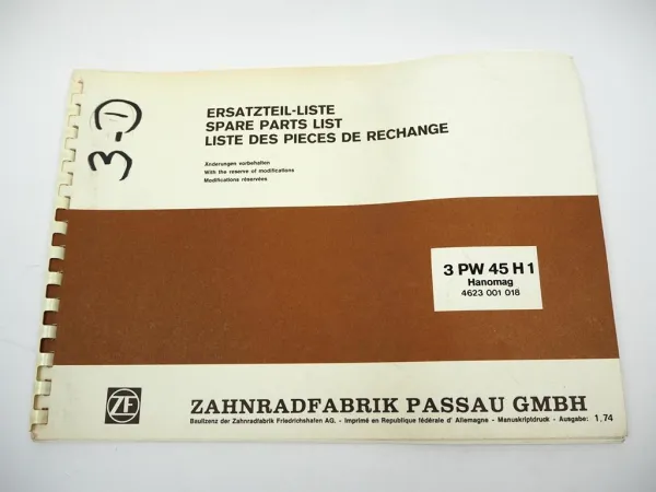 Original ZF 3 PW 45 H1 Planetenwendegetriebe Ersatzteilliste Hanomag Traktor 74