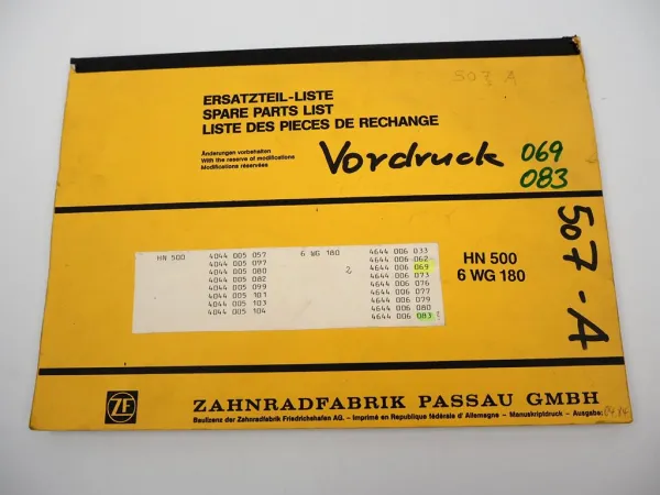 Original ZF 6 WG-180 & HN 500 Hydromediagetriebe Ersatzteilliste Parts List 4/84