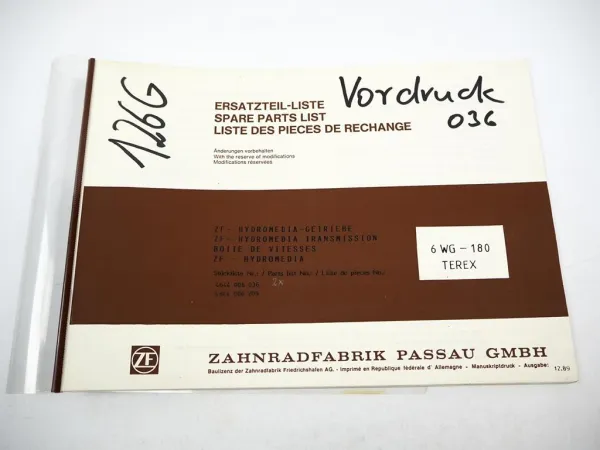 Original ZF 6 WG 180 Hydromedia Getriebe Ersatzteilliste Parts List Terex 12/89
