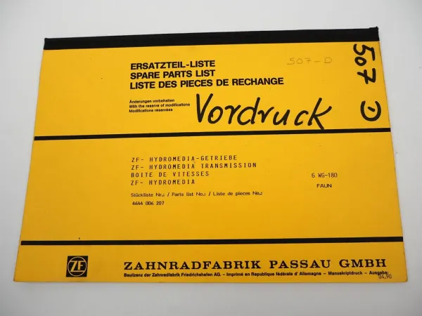 Original ZF 6 WG-180 Hydromediagetriebe Ersatzteilliste Faun Parts List 04/1990