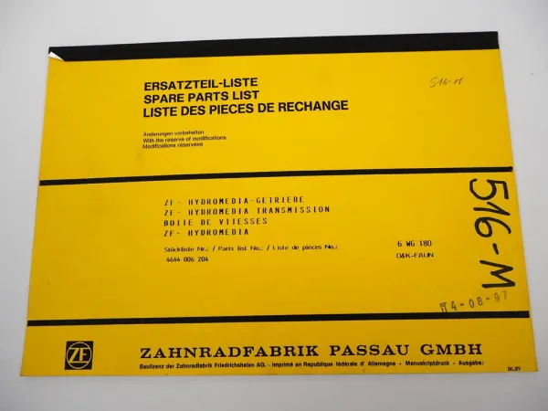 Original ZF 6 WG-180 Hydromediagetriebe Ersatzteilliste O&K Faun Parts List 6/89