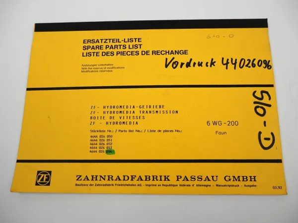 Original ZF 6 WG-200 Hydromedia Getriebe Ersatzteilliste Faun Parts List 03/1992