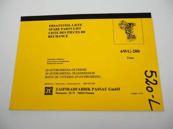 Original ZF 6 WG-200 Hydromedia Getriebe Ersatzteilliste Faun Parts List 04/1996