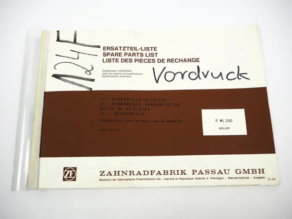 Original ZF 6 WG-200 Hydromedia Getriebe Ersatzteilliste Krupp Parts List 10/88