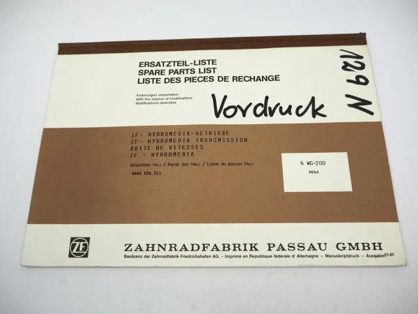 Original ZF 6 WG-200 Hydromedia Getriebe Ersatzteilliste PPM Parts List 05/1989