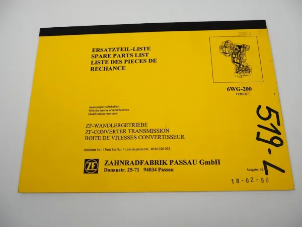 Original ZF 6 WG-200 Wandlergetriebe Ersatzteilliste Terex Parts List 01/1994