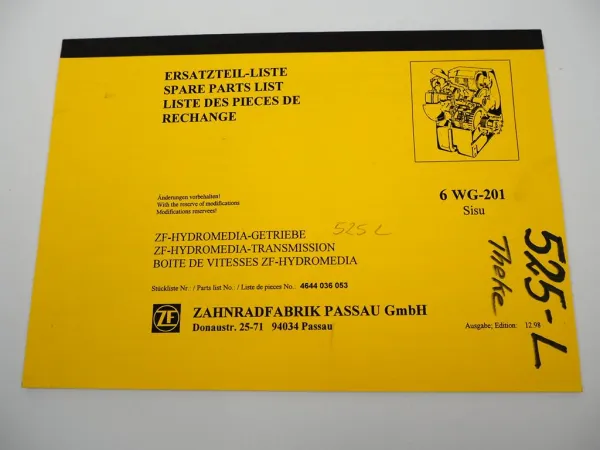 Original ZF 6 WG-201 Hydromediagetriebe Ersatzteilliste Sisu Parts List 12/1998