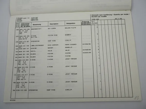 Original ZF 6 WG-250 Wandlergetriebe Hauptstückliste Faun 11/1994