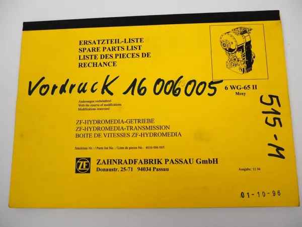 Original ZF 6 WG-65 II Hydromediagetriebe Ersatzteilliste Moxy Parts List 11/94