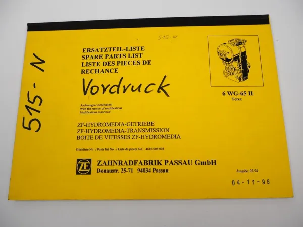 Original ZF 6 WG-65 II Hydromediagetriebe Ersatzteilliste Terex Parts List 5/94