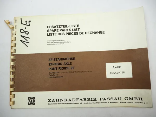 Original ZF A-80 Starrachse Ersatzteilliste Auwärter Spare Parts List 02/1987
