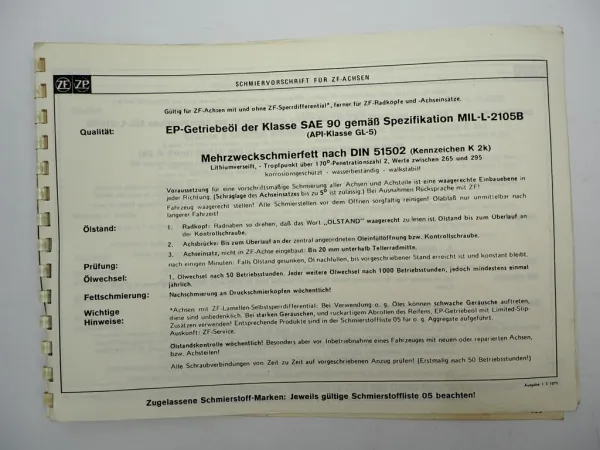 Original ZF Achseinsatz HST Ersatzteilliste Kässbohrer Spare Parts List 04/1985