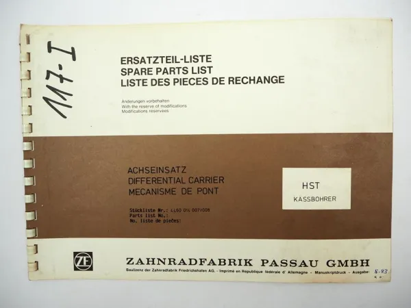 Original ZF Achseinsatz HST Ersatzteilliste Kässbohrer Spare Parts List 05/1983