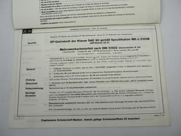 Original ZF Achseinsatz R 9 Ersatzteilliste Kässbohrer Spare Parts List 05/1990