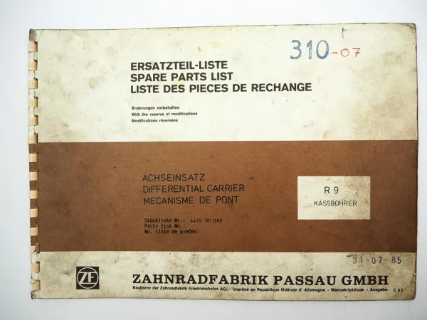 Original ZF Achseinsatz R 9 Ersatzteilliste Kässbohrer Spare Parts List 06/1985