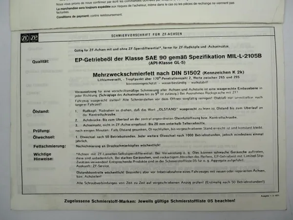 Original ZF Achseinsatz S 9 Ersatzteilliste Kässbohrer Spare Parts List 04/1985