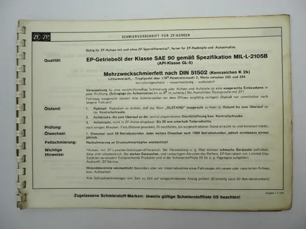 Original ZF Achseinsatz S Ersatzteilliste Kässbohrer Spare Parts List 06/1978