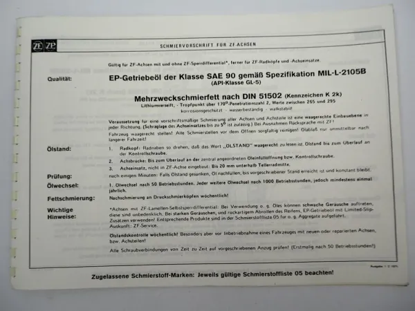 Original ZF Achseinsatz S Ersatzteilliste Kässbohrer Spare Parts List 07/1982