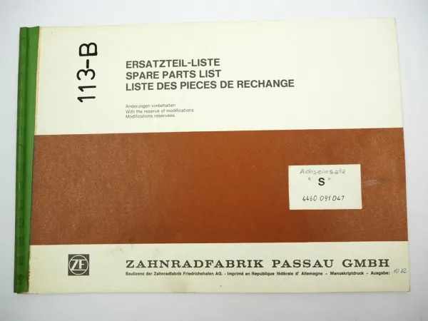 Original ZF Achseinsatz S Ersatzteilliste Neoplan Bus Spare Parts List 10/1982