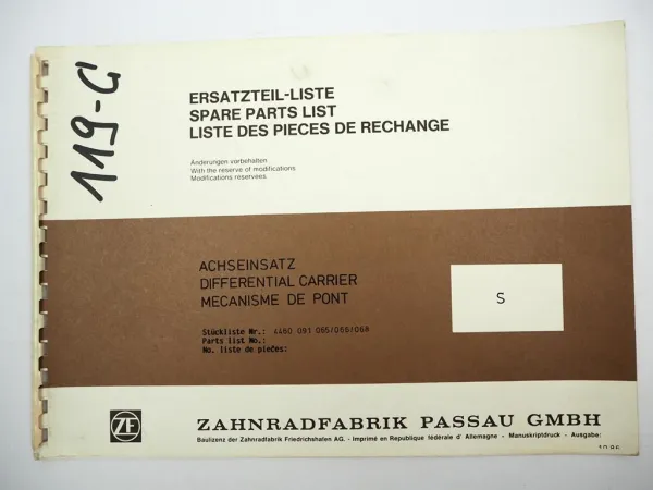 Original ZF Achseinsatz S Ersatzteilliste Neoplan Bus Spare Parts List 10/1986