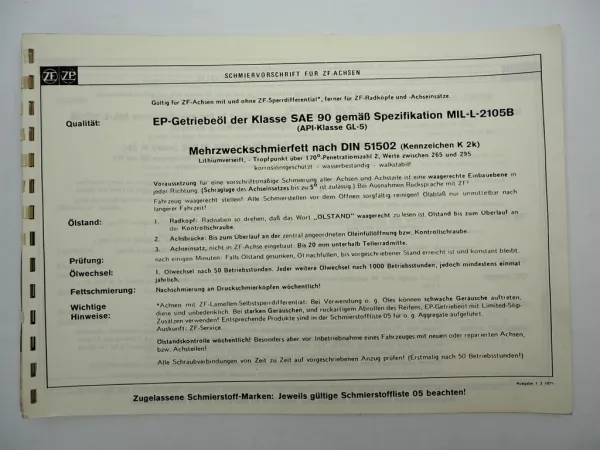 Original ZF Achseinsatz S Ersatzteilliste Neoplan Bus Spare Parts List 10/1986