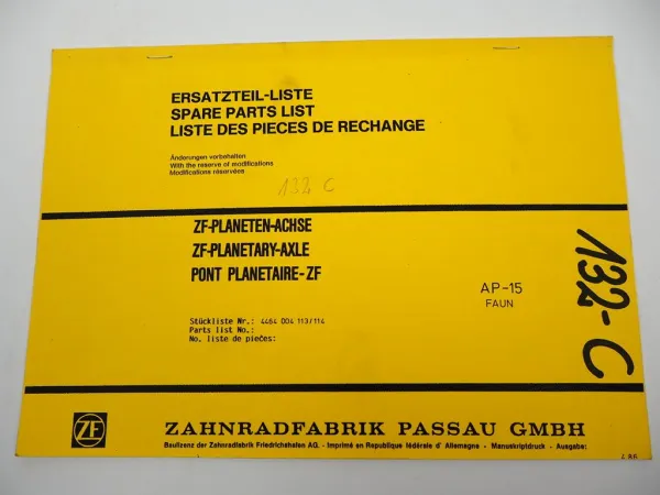 Original ZF AP-15 Planetenachse Ersatzteilliste Faun Spare Parts List 04/1986