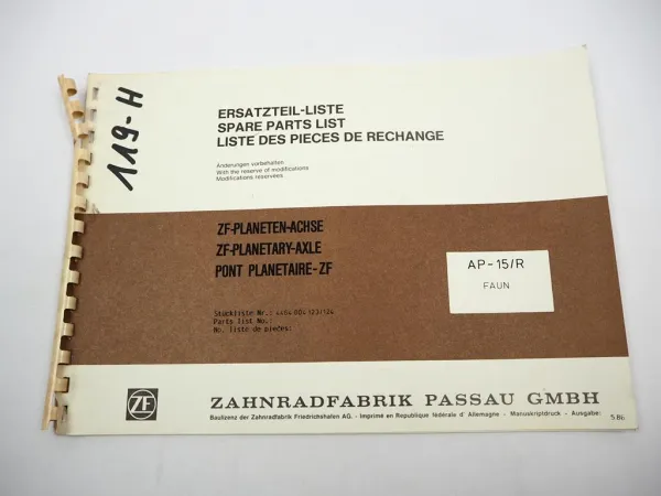 Original ZF AP-15/R Planetenachse Ersatzteilliste Faun Parts List 05/1986