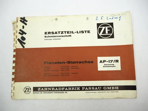 Original ZF AP-17/R Planeten Starrachse Ersatzteilliste Hanomag Zettelmeyer 1974