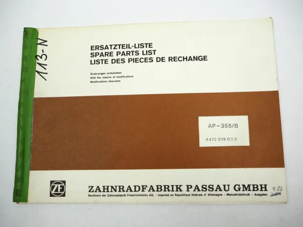 Original ZF AP-355 B Planeten Achse Ersatzteilliste Liebherr Parts List 09/1983