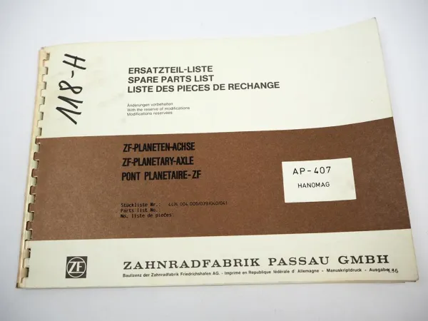 Original ZF AP-407 Planeten Achse Ersatzteilliste Hanomag Parts List 06/1986