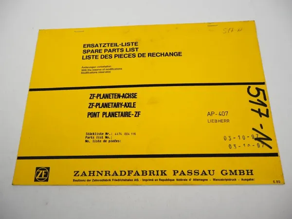 Original ZF AP-407 Planetenachse Ersatzteilliste Liebherr Parts List 06/1989
