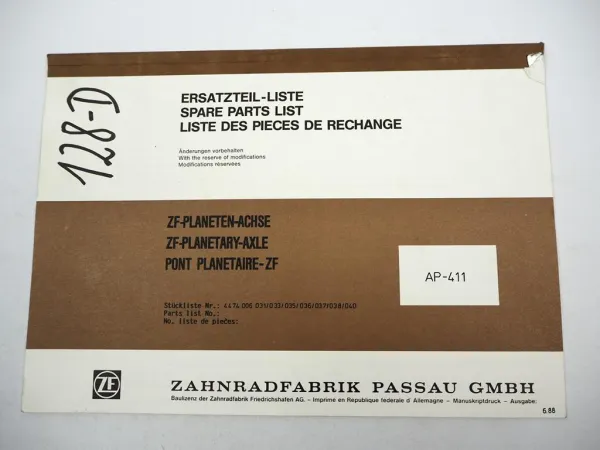 Original ZF AP-411 Planetenachse Ersatzteilliste Hanomag Spare Parts List 6/1988