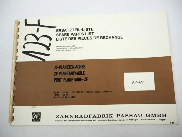 Original ZF AP-411 Planetenachse Ersatzteilliste Hanomag Spare Parts List 6/1988