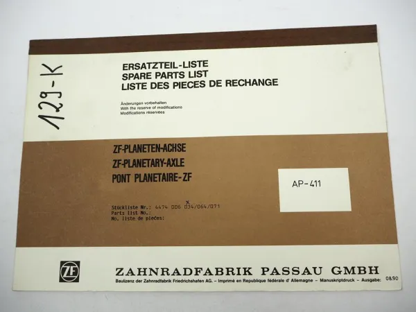 Original ZF AP-411 Planetenachse Ersatzteilliste Hanomag Spare Parts List 8/1990