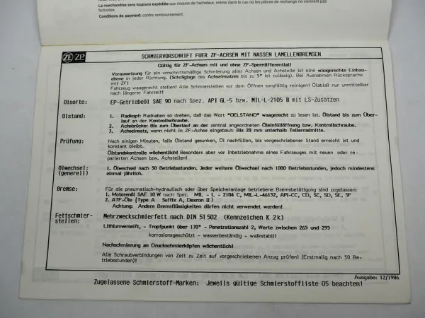 Original ZF AP-417 Planetenachse Ersatzteilliste Zettelmeyer Parts List 03/1989