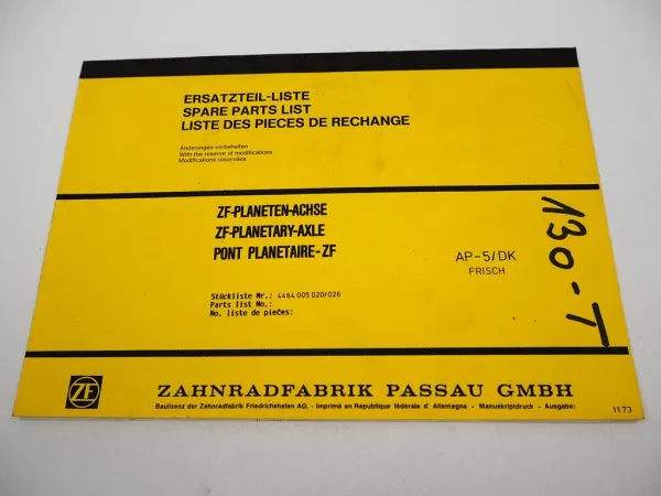 Original ZF AP-5/DK Planetenstarrachse Ersatzteilliste Frisch Baumaschinen 11/73