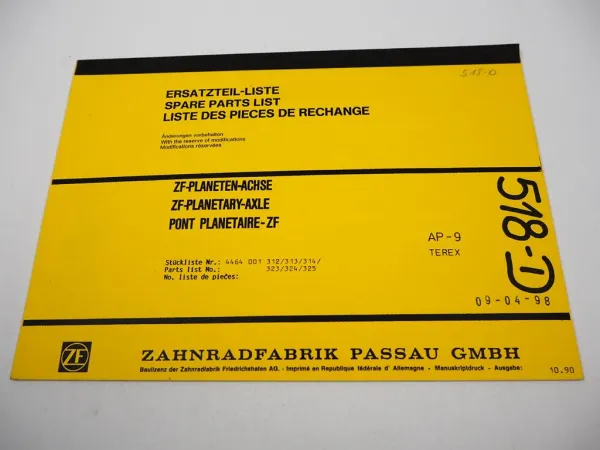 Original ZF AP-9 Planetenachse Ersatzteilliste Terex Dumper Parts List 10/1990
