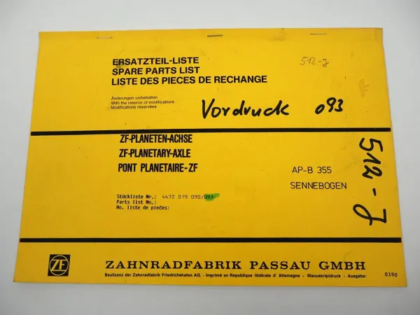 Original ZF AP-B 355 Planetenachse Ersatzteilliste Sennebogen Parts List 03/1990