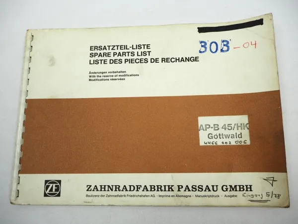 Original ZF AP-B 45/HK Planetenstarrachse Ersatzteilliste Gottwald 05/1978